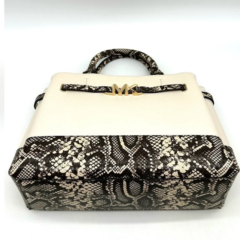 Michael Kors Large Reed Leather Belted Satchel Crossbody Bag Cream Snakeskin